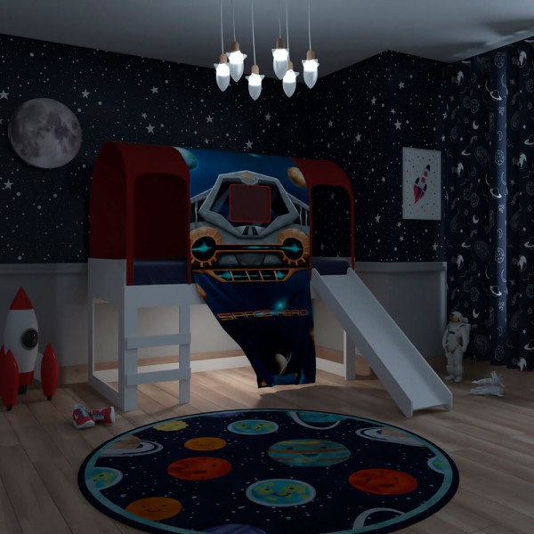 Encontraproduto.com.br - Cama Infantil Alta Joy com Escorregador/Dossel Space e Led - Vermelho/Branco