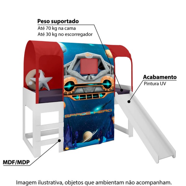 Encontraproduto.com.br - Cama Infantil Alta Joy com Escorregador/Dossel Space e Led - Vermelho/Branco