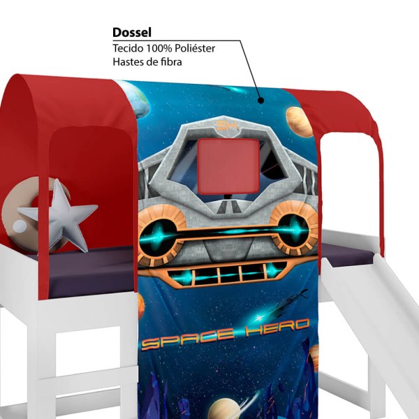 Encontraproduto.com.br - Cama Infantil Alta Joy com Escorregador/Dossel Space e Led - Vermelho/Branco