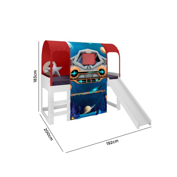 Encontraproduto.com.br - Cama Infantil Alta Joy com Escorregador/Dossel Space e Led - Vermelho/Branco