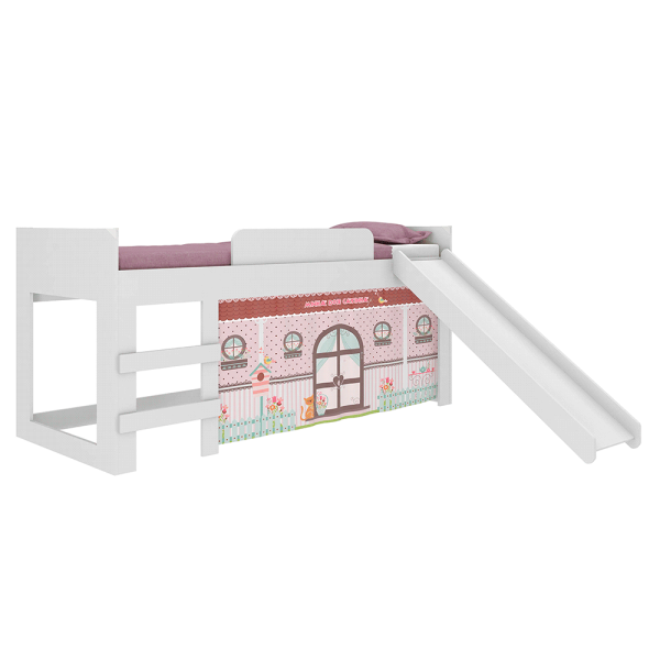 Encontraproduto.com.br - Cama com Escorregador Joy com Cortina Doce Casinha Pura Magia