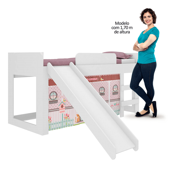 Encontraproduto.com.br - Cama com Escorregador Joy com Cortina Doce Casinha Pura Magia
