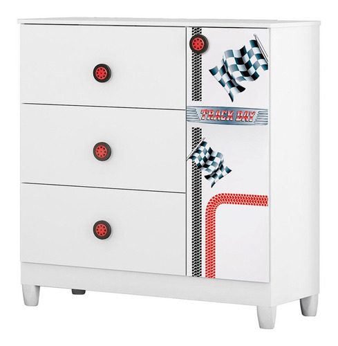 Cômoda Móveis Estrela Fast Car com 3 Gavetas e 1 Porta - Branco/Vermelho/Preto