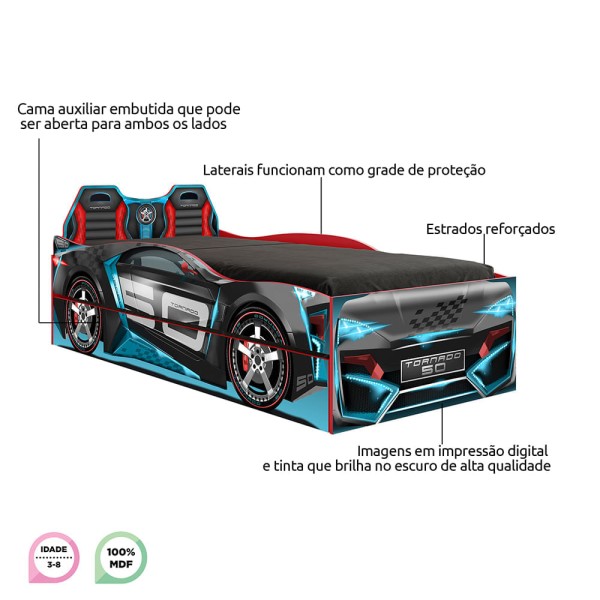 Encontraproduto.com.br - Bicama Infantil Carro Tornado Fun com Luz de Led Pura Magia