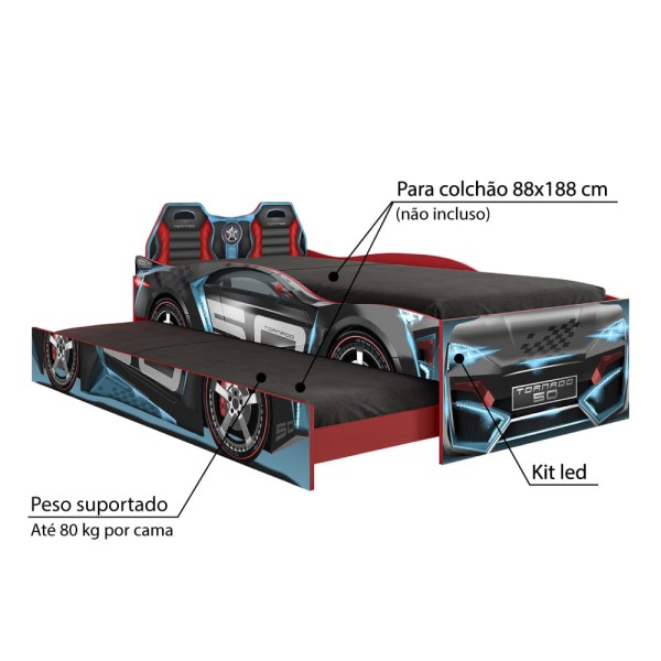 Encontraproduto.com.br - Bicama Infantil Carro Tornado Fun com Luz de Led Pura Magia