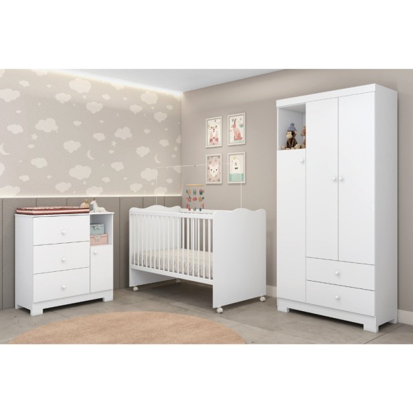 Encontraproduto.com.br - Quarto de Bebê Completo Guarda-roupa 3 Portas Cômoda 3 Gavetas 1 Porta e Berço Mini Cama Flofy Branco