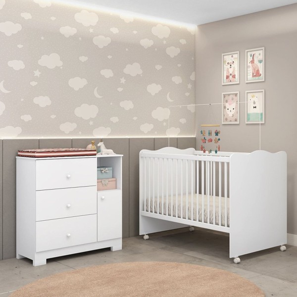 Encontraproduto.com.br - Quarto de Bebê Cômoda 3 Gavetas 1 Porta e Berço Mini Cama Flofy Branco