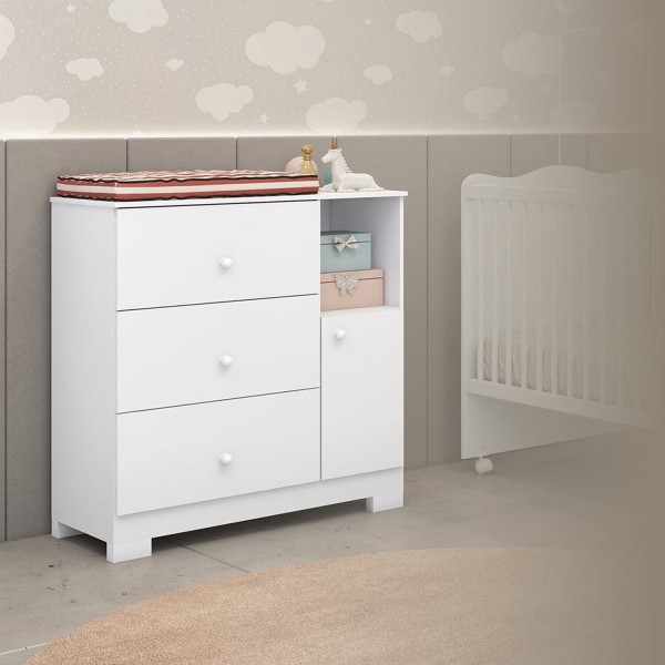 Encontraproduto.com.br - Quarto de Bebê Cômoda 3 Gavetas 1 Porta e Berço Mini Cama Flofy Branco