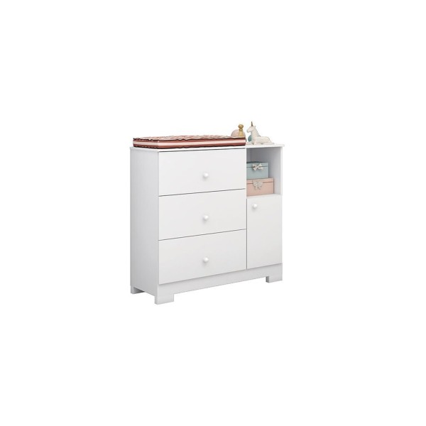 Encontraproduto.com.br - Quarto de Bebê Cômoda 3 Gavetas 1 Porta e Berço Mini Cama Flofy Branco