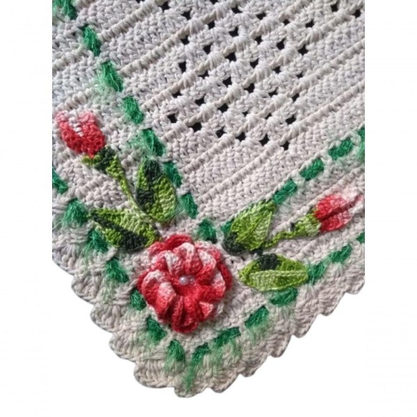Encontraproduto.com.br - Tapete De Crochê Branco Com Flor Artesanal