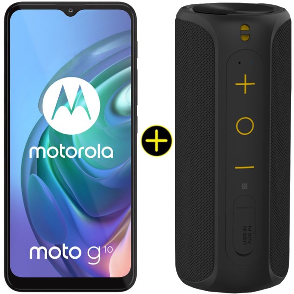 Encontraproduto.com.br - Kit Celular Motorola Moto G10 Cinza Aurora 64GB + Caixa De Som Portátil Sem Fio Bluetooth Y-Move 12W