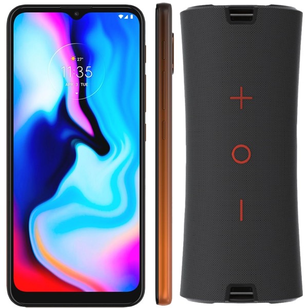 Encontraproduto.com.br - Kit Celular Motorola Moto E7 Plus Bronze Âmbar 64GB + Caixa De Som Portátil Sem Fio Bluetooth 40W Y-Move