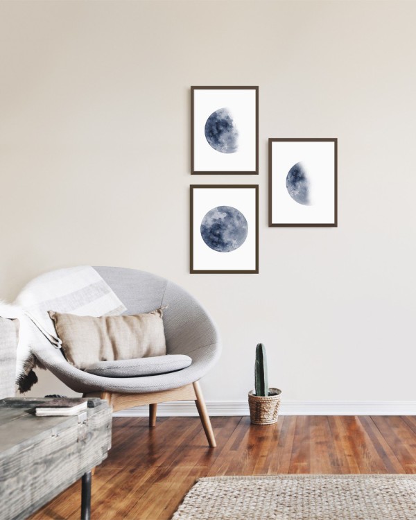 Encontraproduto.com.br - Quadro Decorativo Illuminato Fases da Lua Aquarela Azul Kit com 3 Peças