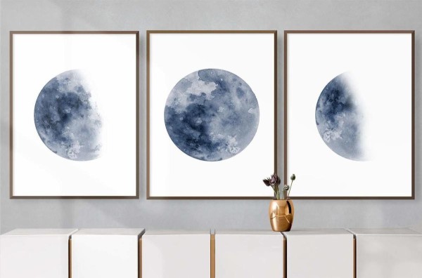 Encontraproduto.com.br - Quadro Decorativo Illuminato Fases da Lua Aquarela Azul Kit com 3 Peças