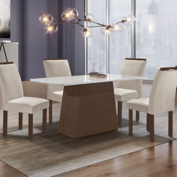 Mesa de Jantar 4 Cadeiras Com Tampo de Vidro Off White/Chocolate Sevilha Cel Móveis