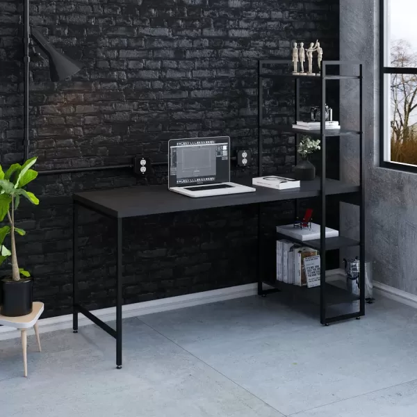 Escrivaninha com Estante Industrial com 4 Prateleiras - Preto