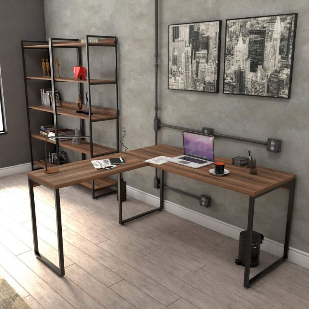Mesa De Escritório Em L Estilo Industrial 1,50mx1,50m Kuadra Compace Nogal