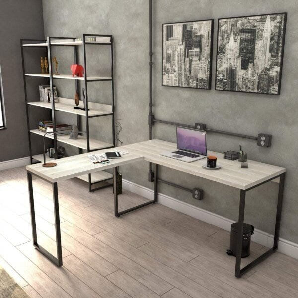Mesa de Escritório Industrial Kuadra em L - Preto/Snow