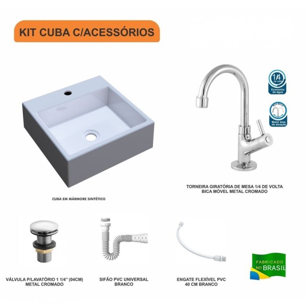 Encontraproduto.com.br - Kit Cuba Q355 Torneira 1198 Metal Válvula Click 1 1/2 Polegada Sifão Pvc Flexível Compace Branco Gel