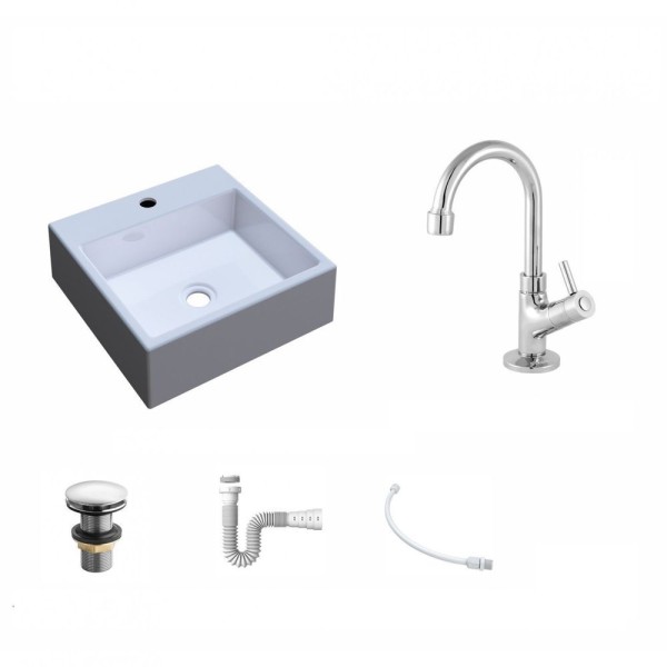 Encontraproduto.com.br - Kit Cuba Q355 Torneira 1198 Metal Válvula Click 1 1/2 Polegada Sifão Pvc Flexível Compace Branco Gel