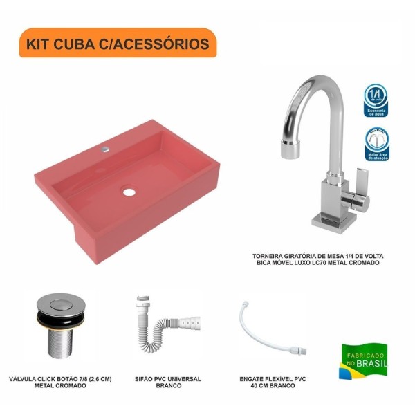 Encontraproduto.com.br - Kit Cuba Xrt55 Torneira Luxo 1195 Metal Válvula Click 1 Polegada B Sifão Pvc Flexível Compace Rosa