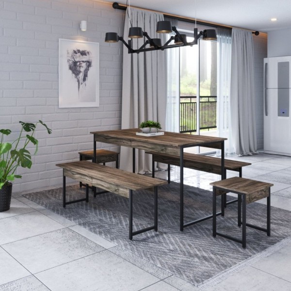 Conjunto Mesa de Jantar Industrial com 2 Bancos/2 Banquetas - Carvalho Dark/Preto