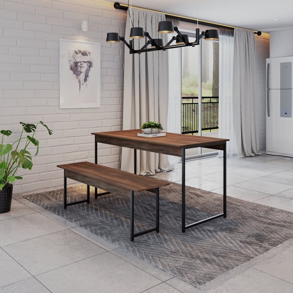 Encontraproduto.com.br - Conjunto Mesa de Jantar Industrial com 1 Banco - Nogal/Preto