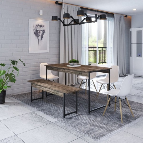 Encontraproduto.com.br - Conjunto Mesa de Jantar Industrial com 1 Banco - Carvalho Dark/Preto