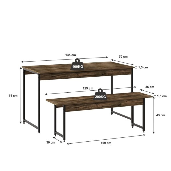 Encontraproduto.com.br - Conjunto Mesa de Jantar Industrial com 1 Banco - Carvalho Dark/Preto