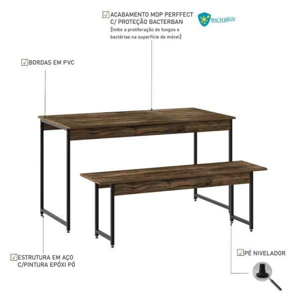 Encontraproduto.com.br - Conjunto Mesa de Jantar Industrial com 1 Banco - Carvalho Dark/Preto