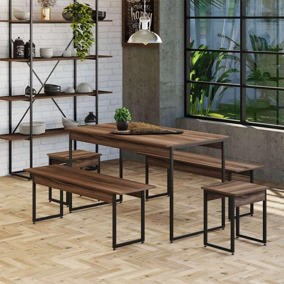 Encontraproduto.com.br - Conjunto de Mesa de Jantar com 2 Bancos e 2 Banquetas Studio Nogal e Preto