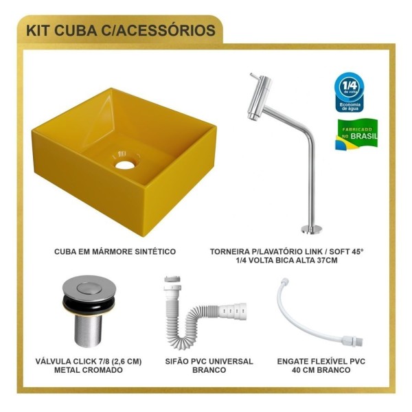 Encontraproduto.com.br - Kit Cuba Rt30 Riviera Com Torneira Link 1062 E Válvula Botão Com Sifão E Flexível Amarelo