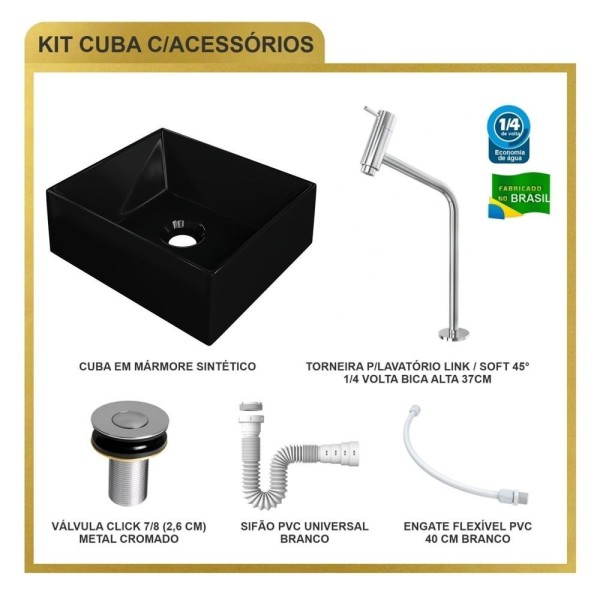 Encontraproduto.com.br - Kit Cuba Rt30 Riviera Com Torneira Link 1062 E Válvula Botão Com Sifão E Flexível Preto
