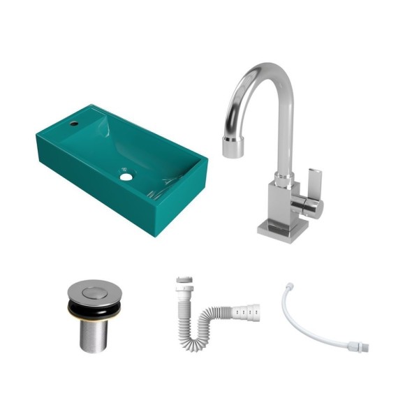 Encontraproduto.com.br - Kit Cuba Rl545 Roma Com Torneira Luxo E Válvula Botão Com Sifão E Flexível Azul Turquesa