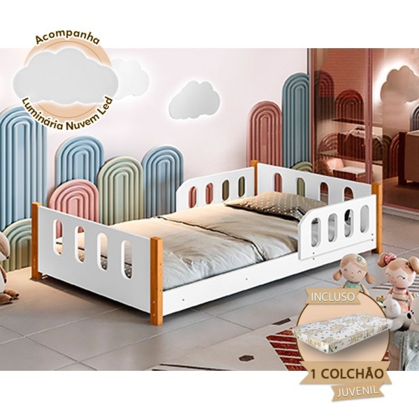 Encontraproduto.com.br - Cama Infantil Juvenil Camila Com Colchão + Grade De Proteção E Luminária Led - Branca - Cor: Branco