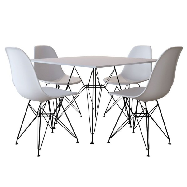 Mesa De Jantar Quadrada Branca 90Cm Com 4 Cadeiras Brancas Base Ferro Preto Cor: Preto