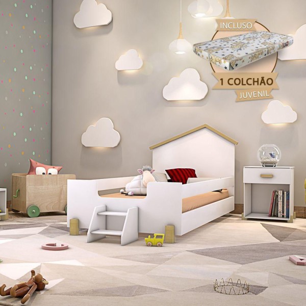 Encontraproduto.com.br - Cama Infantil Montessoriana Com Colchão E Escadinha Juvenil Ayla - Branca E Natural - Cor: Branco