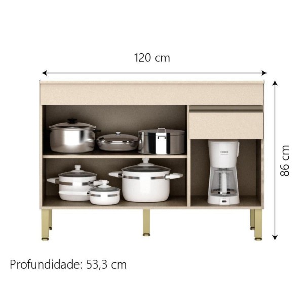 Encontraproduto.com.br - Balcão De Cozinha Com Tampo 1,20m 3 Portas 1 Gaveta Vanilla Line Kits Paraná