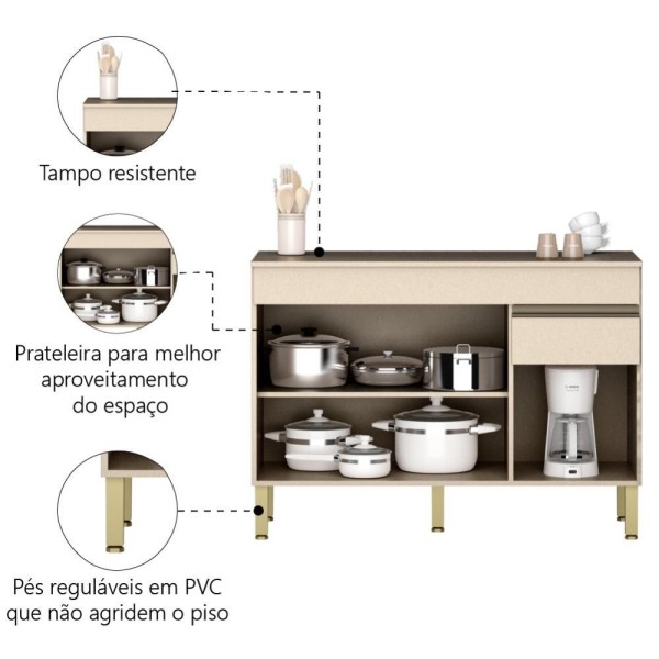 Encontraproduto.com.br - Balcão De Cozinha Com Tampo 1,20m 3 Portas 1 Gaveta Vanilla Line Kits Paraná