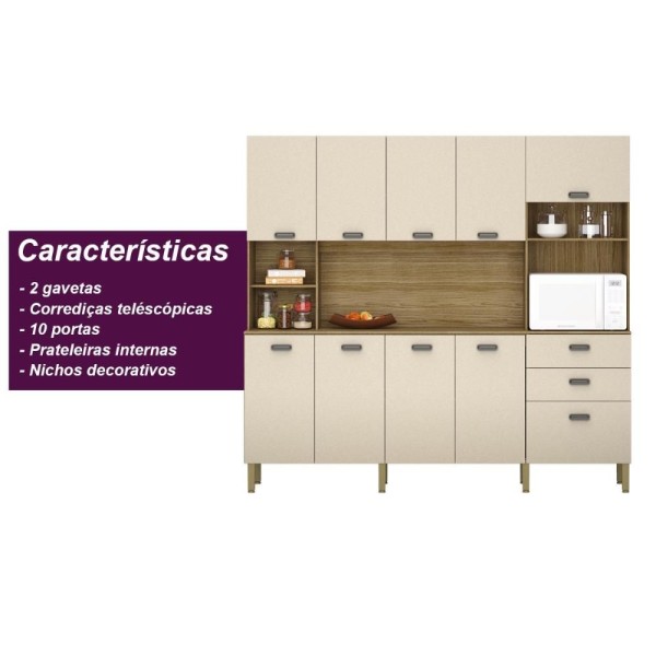 Encontraproduto.com.br - Armario De Cozinha Completo 10 Portas 2 Gavetas Onix Intense Kits Paraná Cor:freijo/vanilla Freijo/vanilla