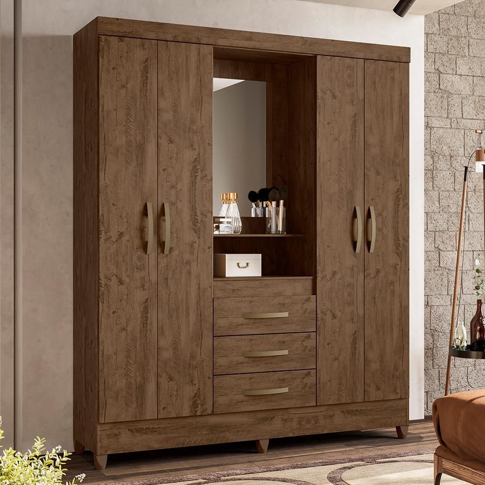 Encontraproduto.com.br - Guarda Roupa Casal com Espelho e Pés 4 Portas 3 Gavetas Capri Moval