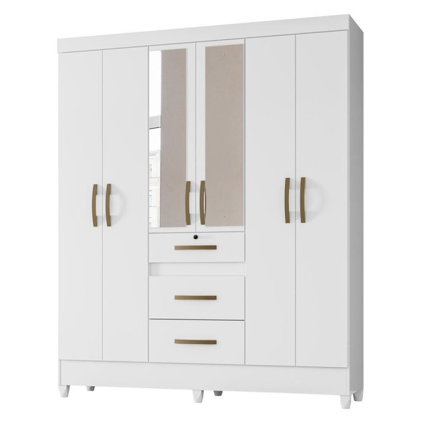 Guarda Roupa Casal Itatiba 6 Portas E 3 Gavetas Branco Com Espelho - Moval Branco