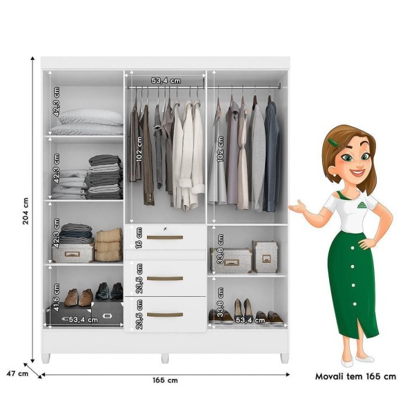 Encontraproduto.com.br - Guarda Roupa Casal Itatiba 6 Portas E 3 Gavetas Branco Com Espelho - Moval Branco