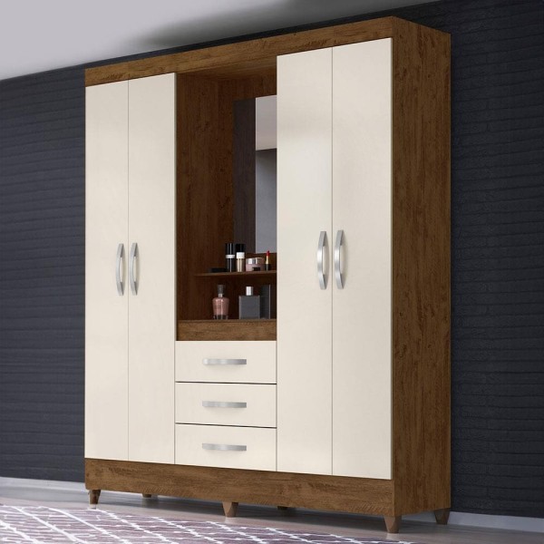 Encontraproduto.com.br - Guarda-Roupa Capelinha com 4 Portas e 3 Gavetas Moval Capri Castanho Wood e Off White