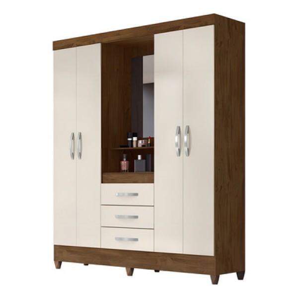 Guarda-Roupa Capelinha com 4 Portas e 3 Gavetas Moval Capri Castanho Wood e Off White