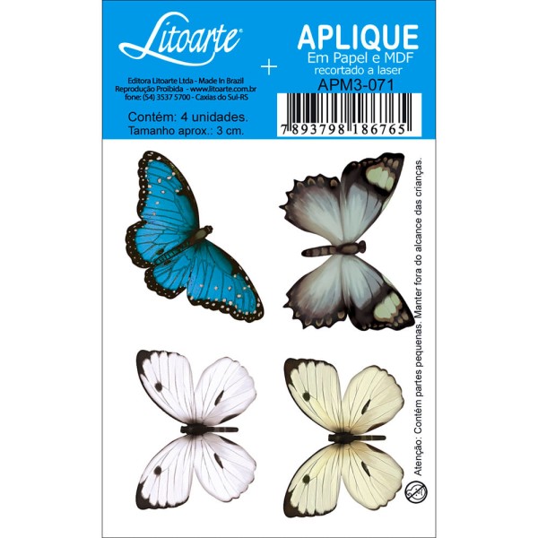 Aplique MDF e Papel Litoarte 3 cm - Modelo APM3- 071 Borboleta
