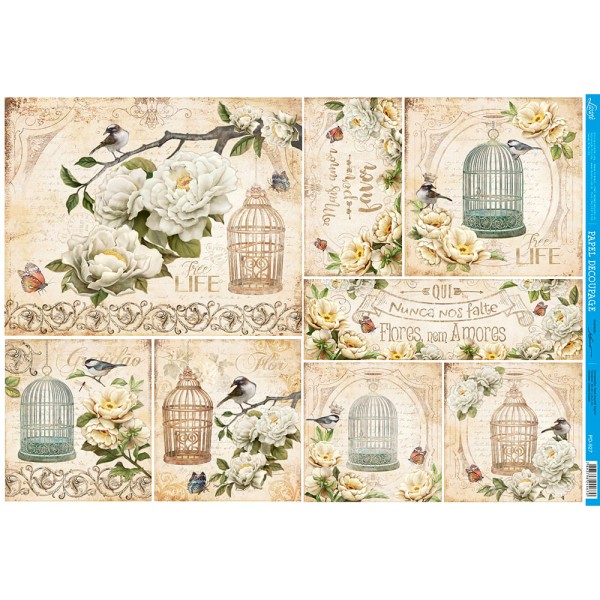 Papel para Decoupage Litoarte 49 x 34,3 cm - Modelo PD-927 Gaiola Pássaros com Flores Fundo Claro