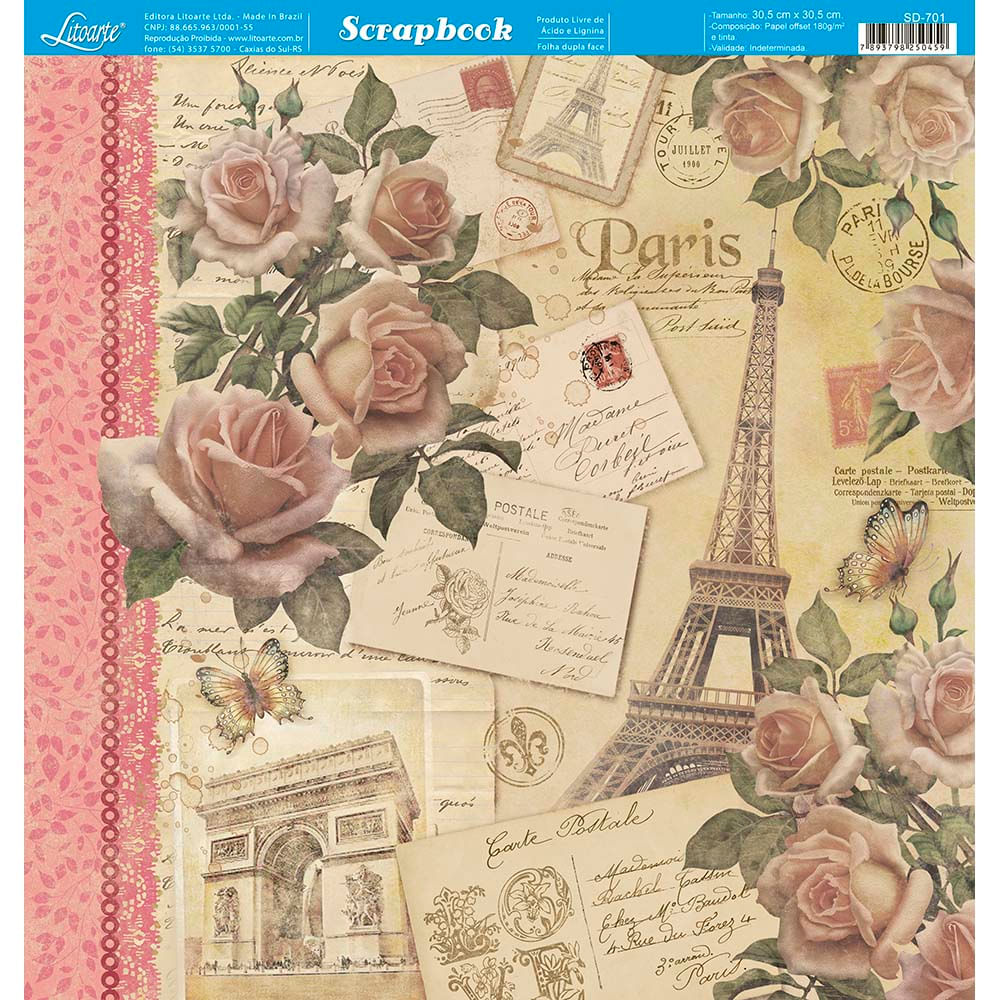 Encontraproduto.com.br - Página para Scrapbook Dupla Face Litoarte 30,5 x 30,5 cm - Modelo SD-701 Rosas, Cartas, Torre Eiffel, Arabescos