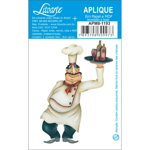 Aplique MDF e Papel Litoarte 8 cm - Modelo Cozinheiro com Bandeja APM8-1193 - 1 Peça