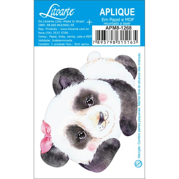 Encontraproduto.com.br - Aplique MDF e Papel Litoarte 8 cm – Modelo Panda Laço APM8-1268 - 1 Peça